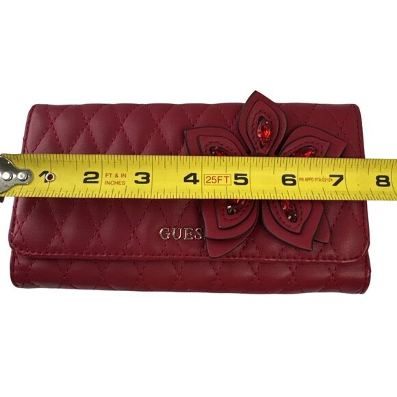 Guess Womens Red Quilted Wallet With Decorative Flower & Rhinestone Accents - Picture 14 of 15